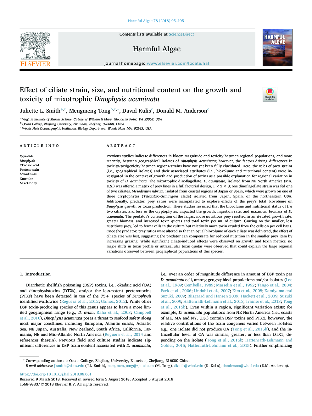 Effect of ciliate strain, size, and nutritional content on the growth and toxicity of mixotrophic Dinophysis acuminata