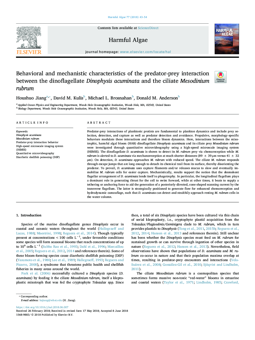 Behavioral and mechanistic characteristics of the predator-prey interaction between the dinoflagellate Dinophysis acuminata and the ciliate Mesodinium rubrum