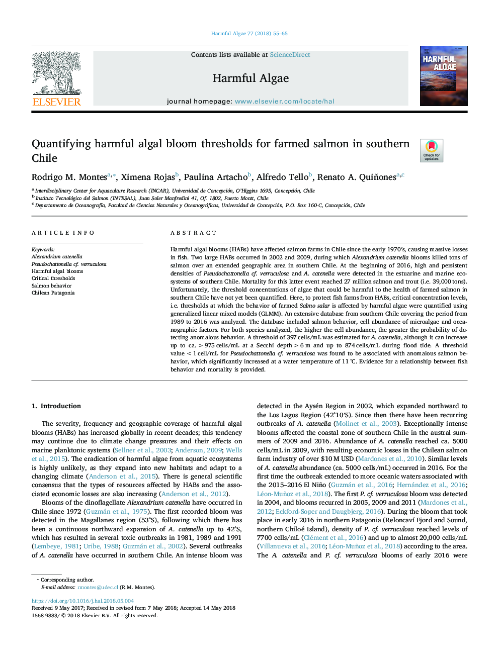 Quantifying harmful algal bloom thresholds for farmed salmon in southern Chile