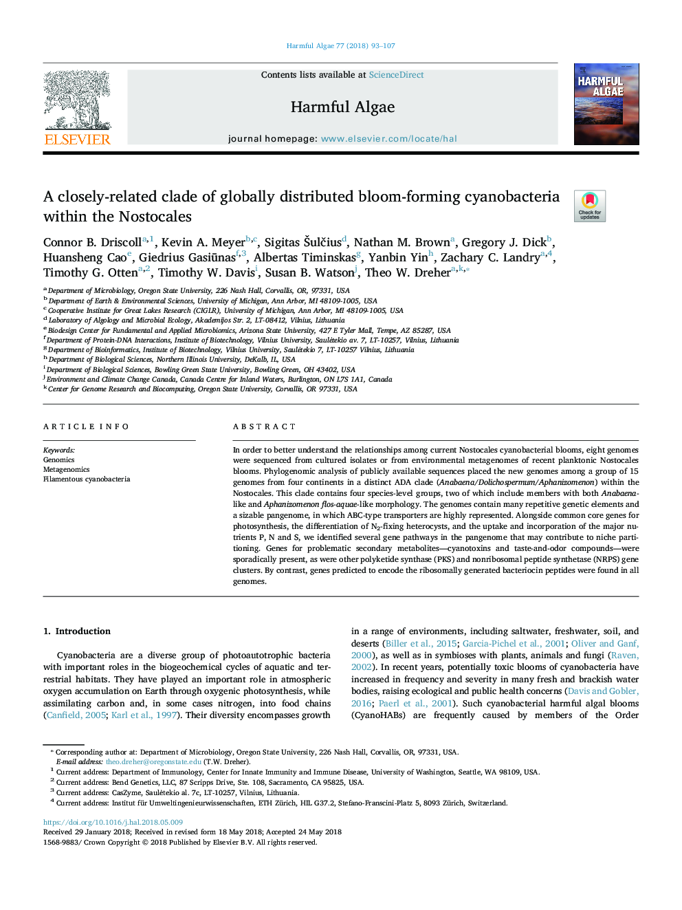 A closely-related clade of globally distributed bloom-forming cyanobacteria within the Nostocales