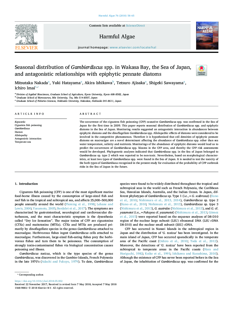 Seasonal distribution of Gambierdiscus spp. in Wakasa Bay, the Sea of Japan, and antagonistic relationships with epiphytic pennate diatoms