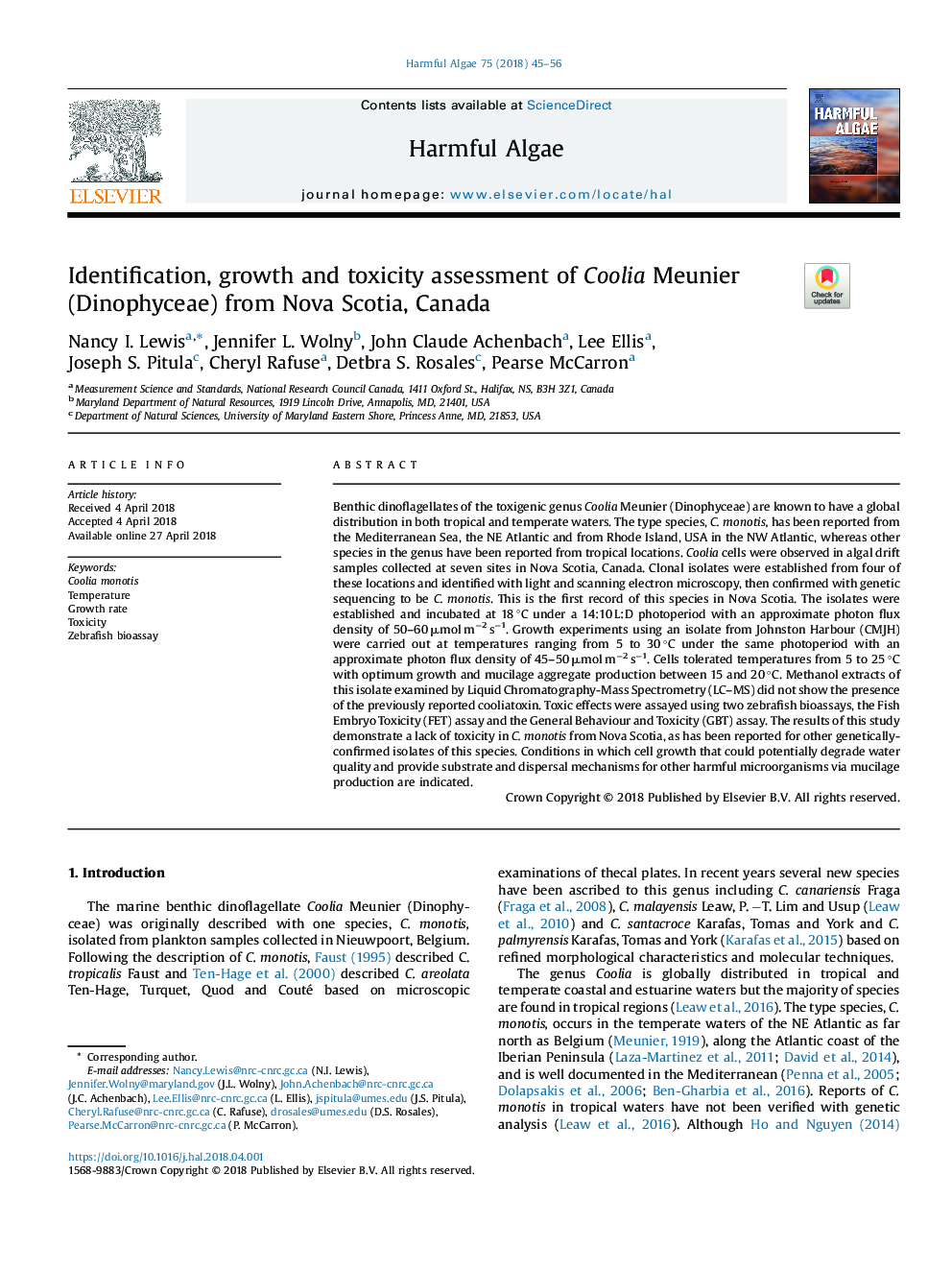 Identification, growth and toxicity assessment of Coolia Meunier (Dinophyceae) from Nova Scotia, Canada