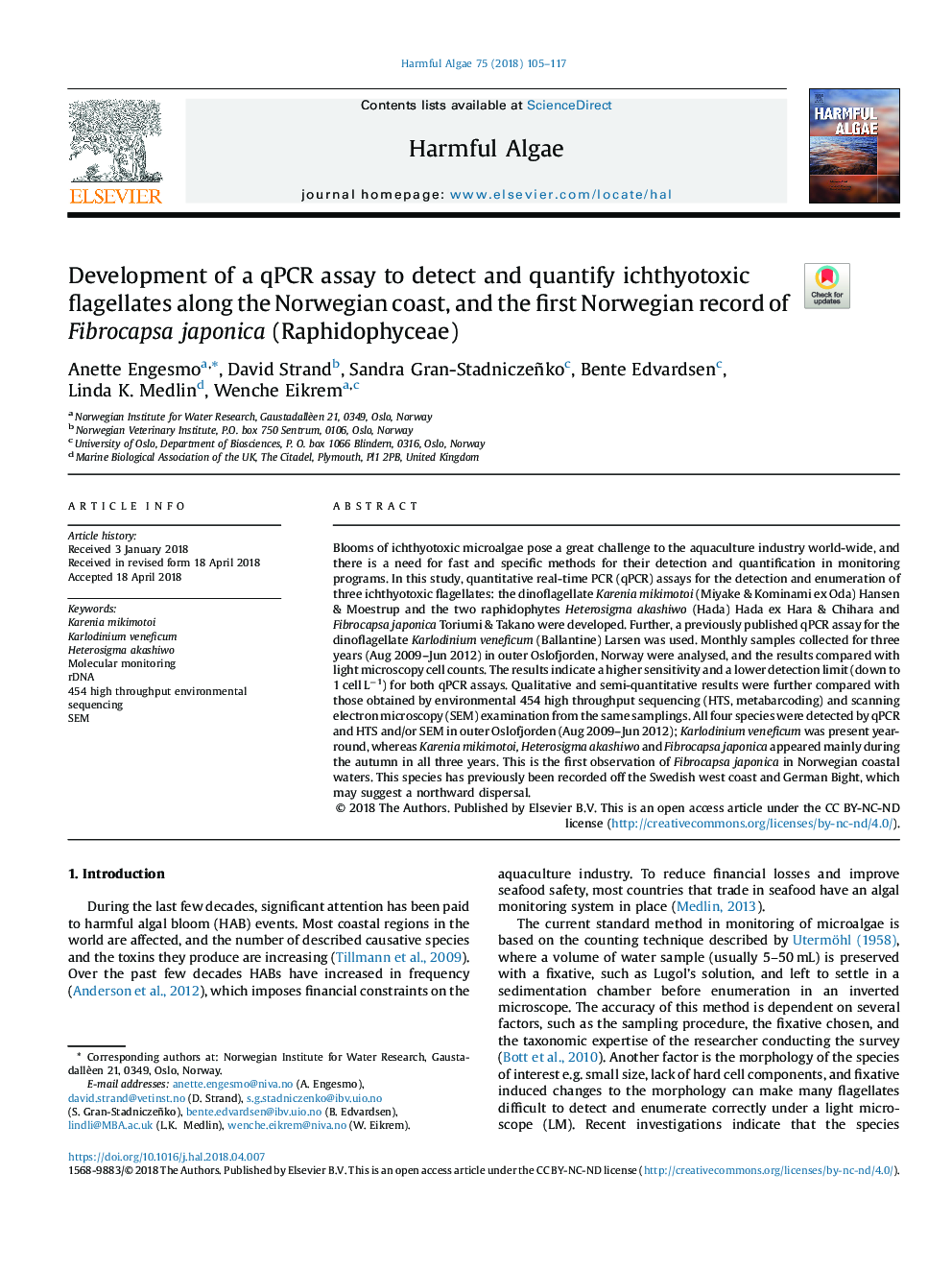 Development of a qPCR assay to detect and quantify ichthyotoxic flagellates along the Norwegian coast, and the first Norwegian record of Fibrocapsa japonica (Raphidophyceae)