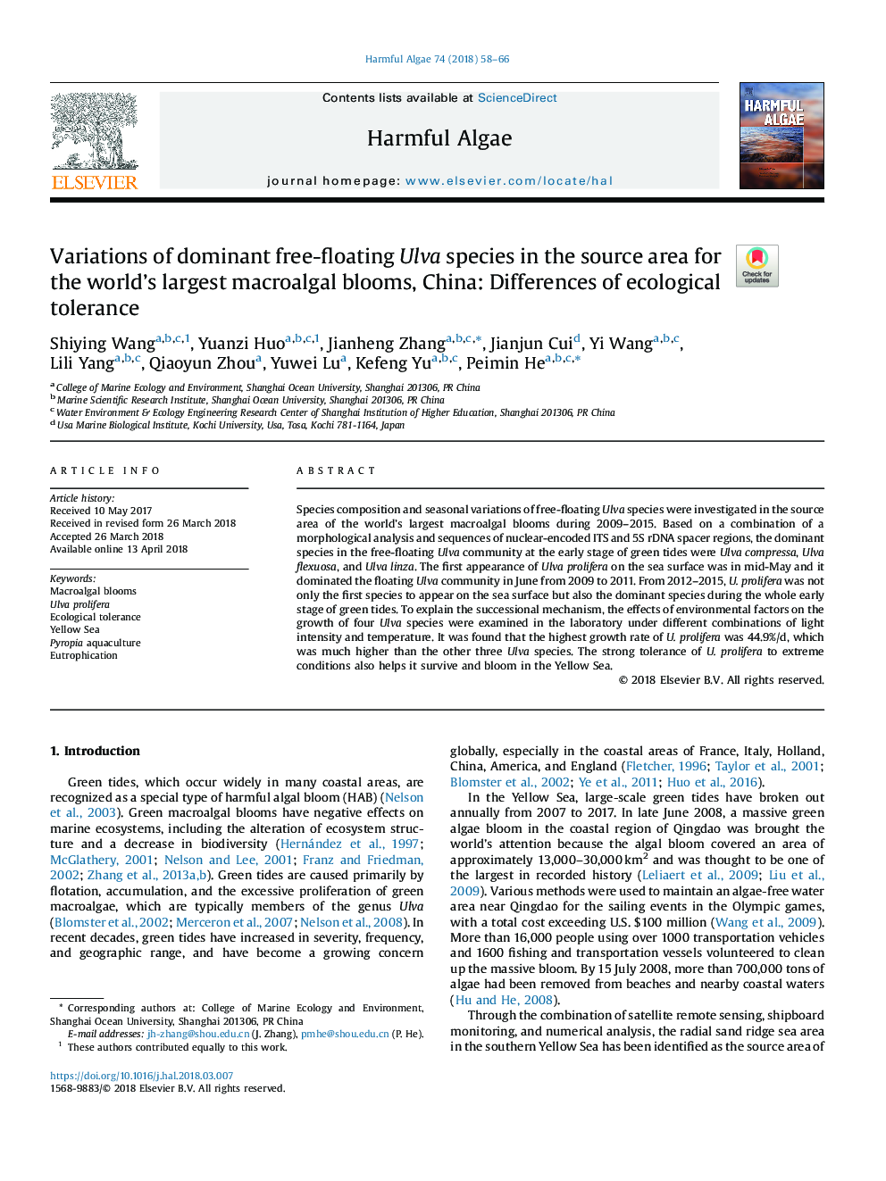 Variations of dominant free-floating Ulva species in the source area for the world's largest macroalgal blooms, China: Differences of ecological tolerance