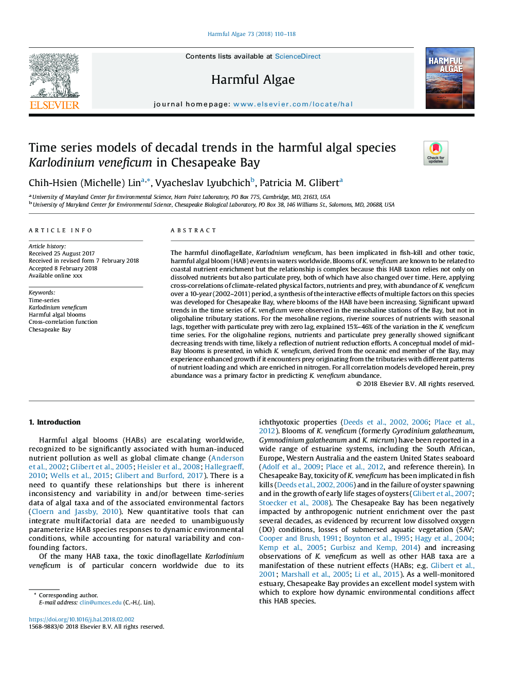 Time series models of decadal trends in the harmful algal species Karlodinium veneficum in Chesapeake Bay