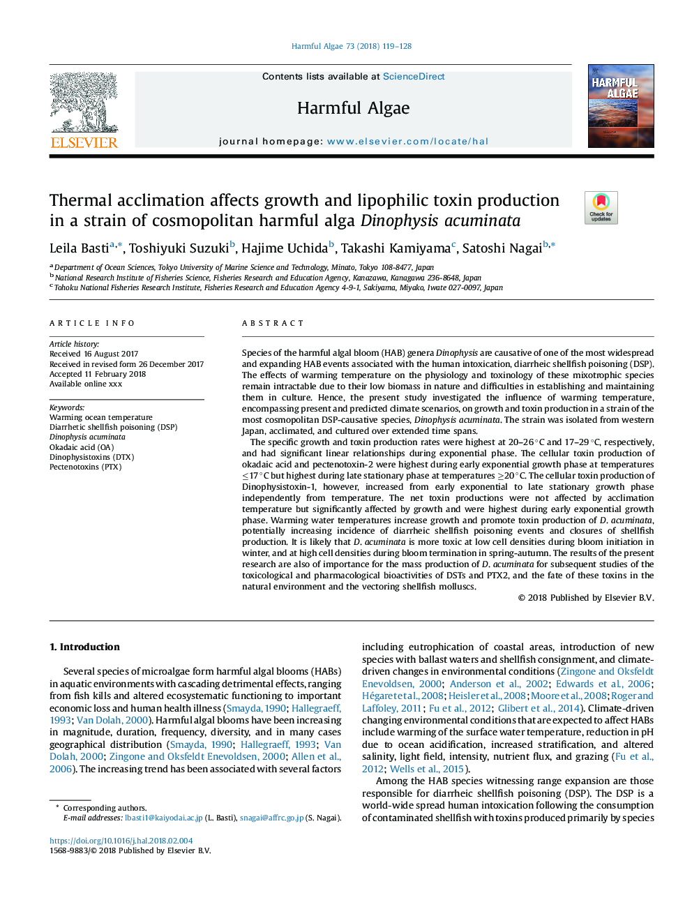 Thermal acclimation affects growth and lipophilic toxin production in a strain of cosmopolitan harmful alga Dinophysis acuminata