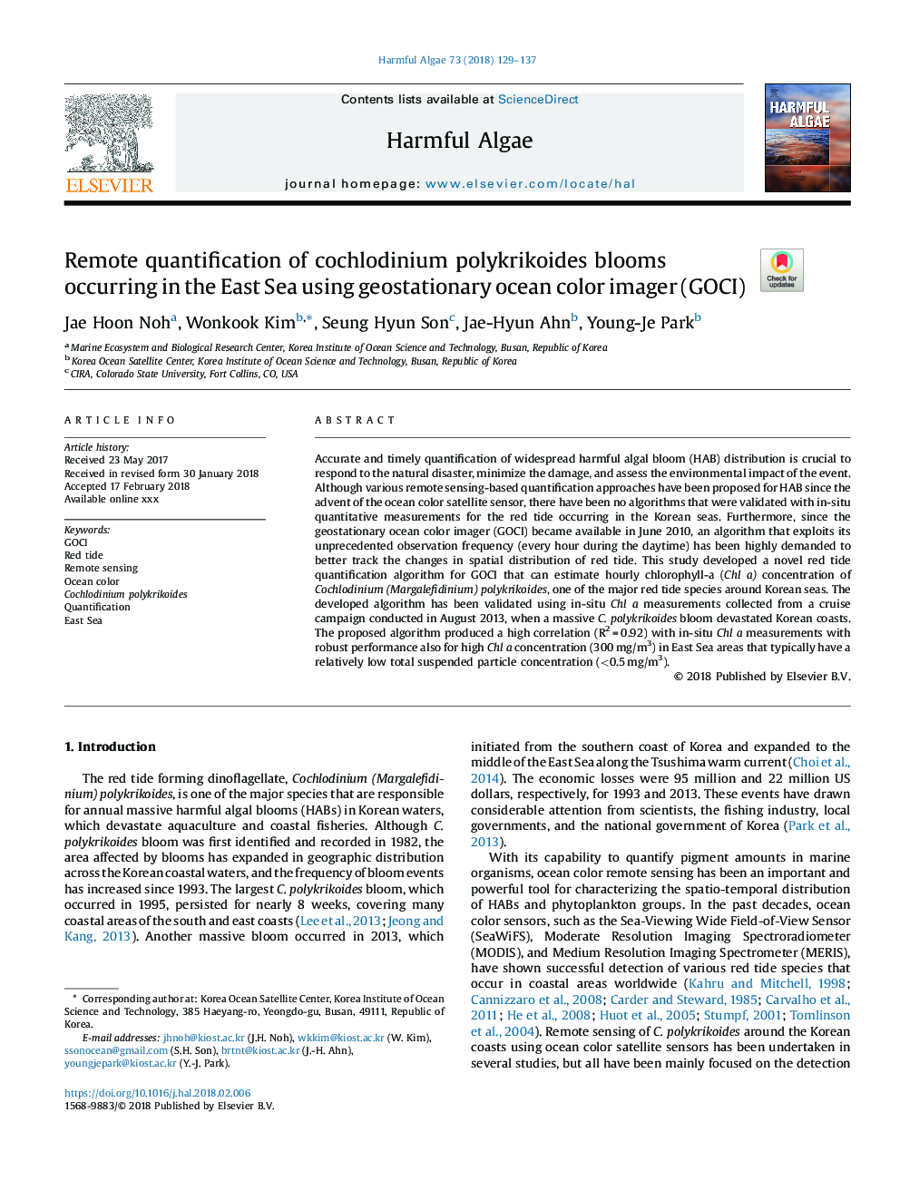 Remote quantification of Cochlodinium polykrikoides blooms occurring in the East Sea using geostationary ocean color imager (GOCI)