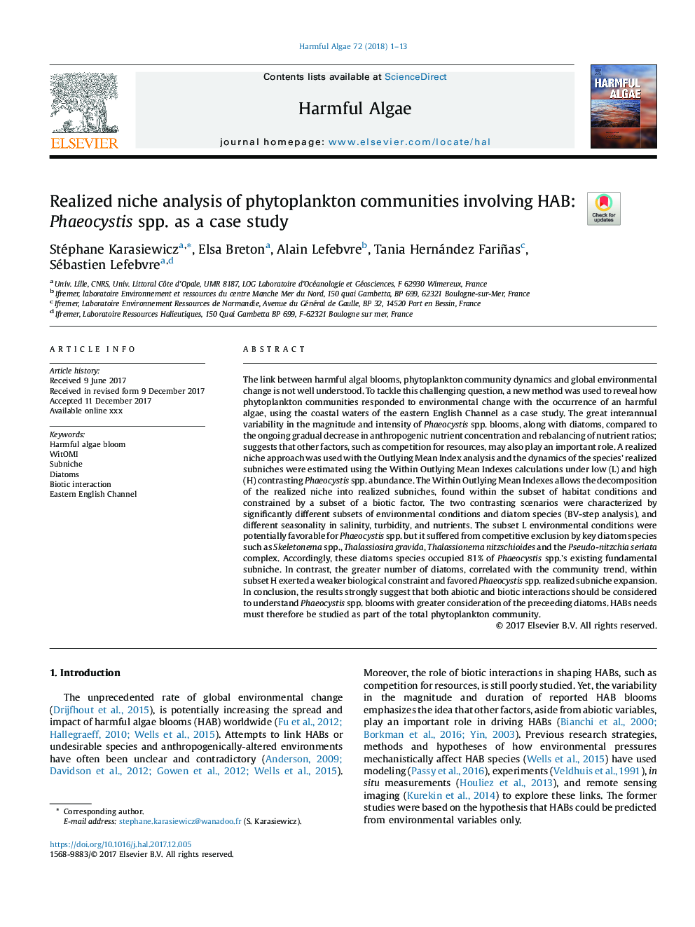 Realized niche analysis of phytoplankton communities involving HAB: Phaeocystis spp. as a case study