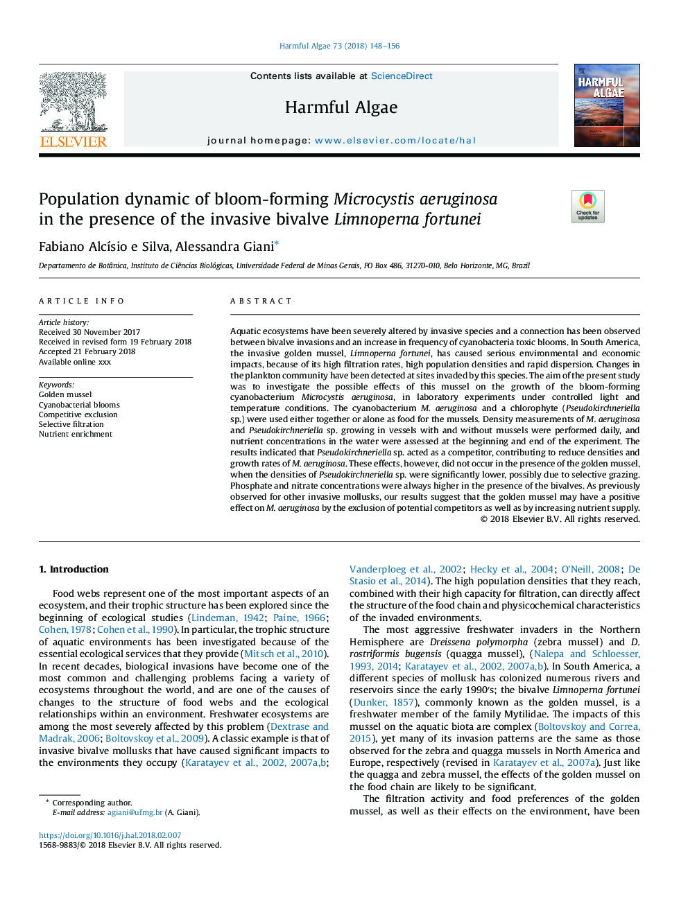 Population dynamic of bloom-forming Microcystis aeruginosa in the presence of the invasive bivalve Limnoperna fortunei