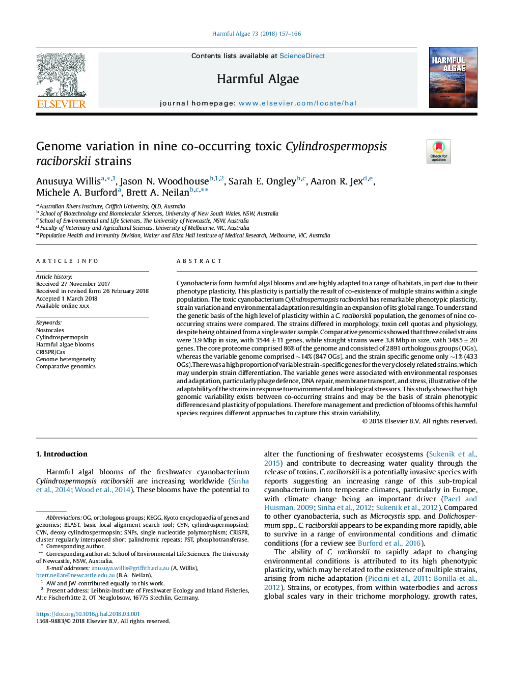 Genome variation in nine co-occurring toxic Cylindrospermopsis raciborskii strains