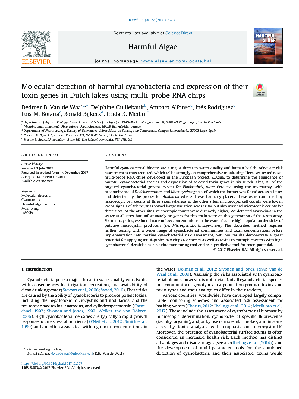 Molecular detection of harmful cyanobacteria and expression of their toxin genes in Dutch lakes using multi-probe RNA chips