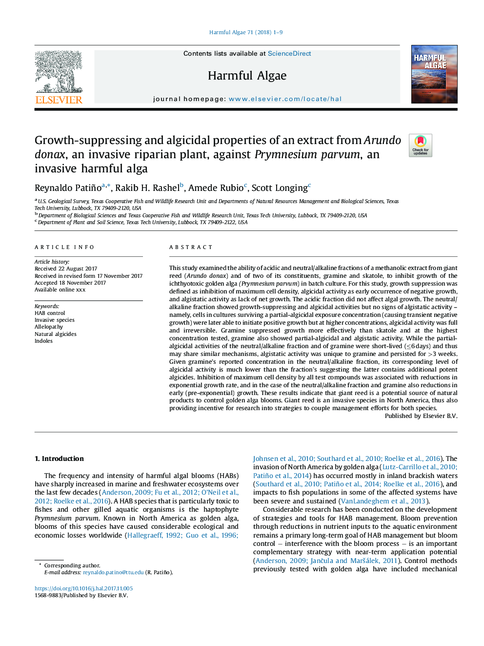 Growth-suppressing and algicidal properties of an extract from Arundo donax, an invasive riparian plant, against Prymnesium parvum, an invasive harmful alga