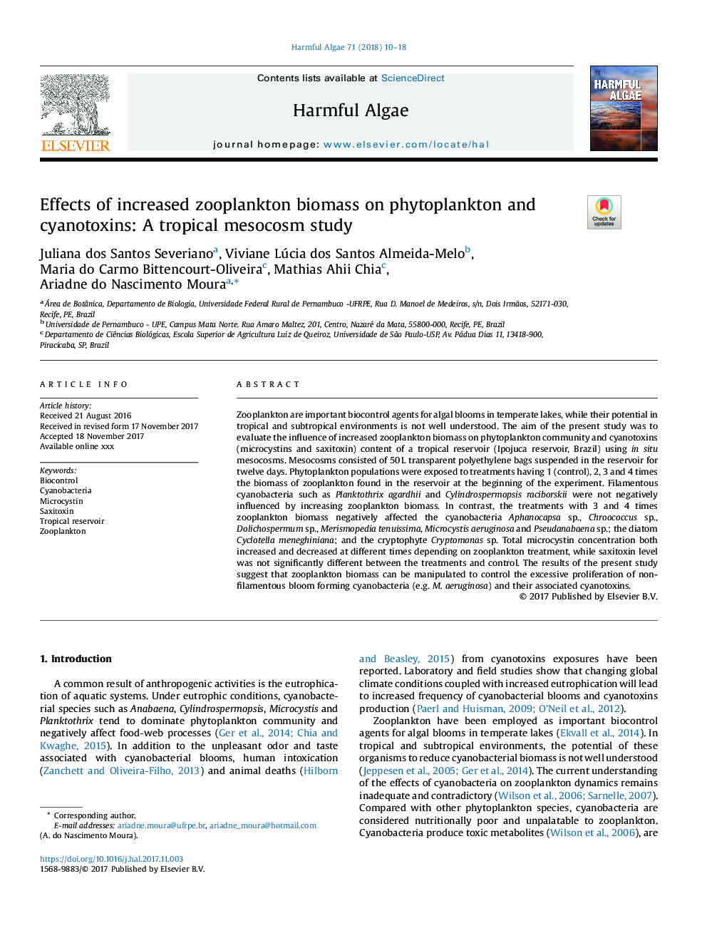 Effects of increased zooplankton biomass on phytoplankton and cyanotoxins: A tropical mesocosm study