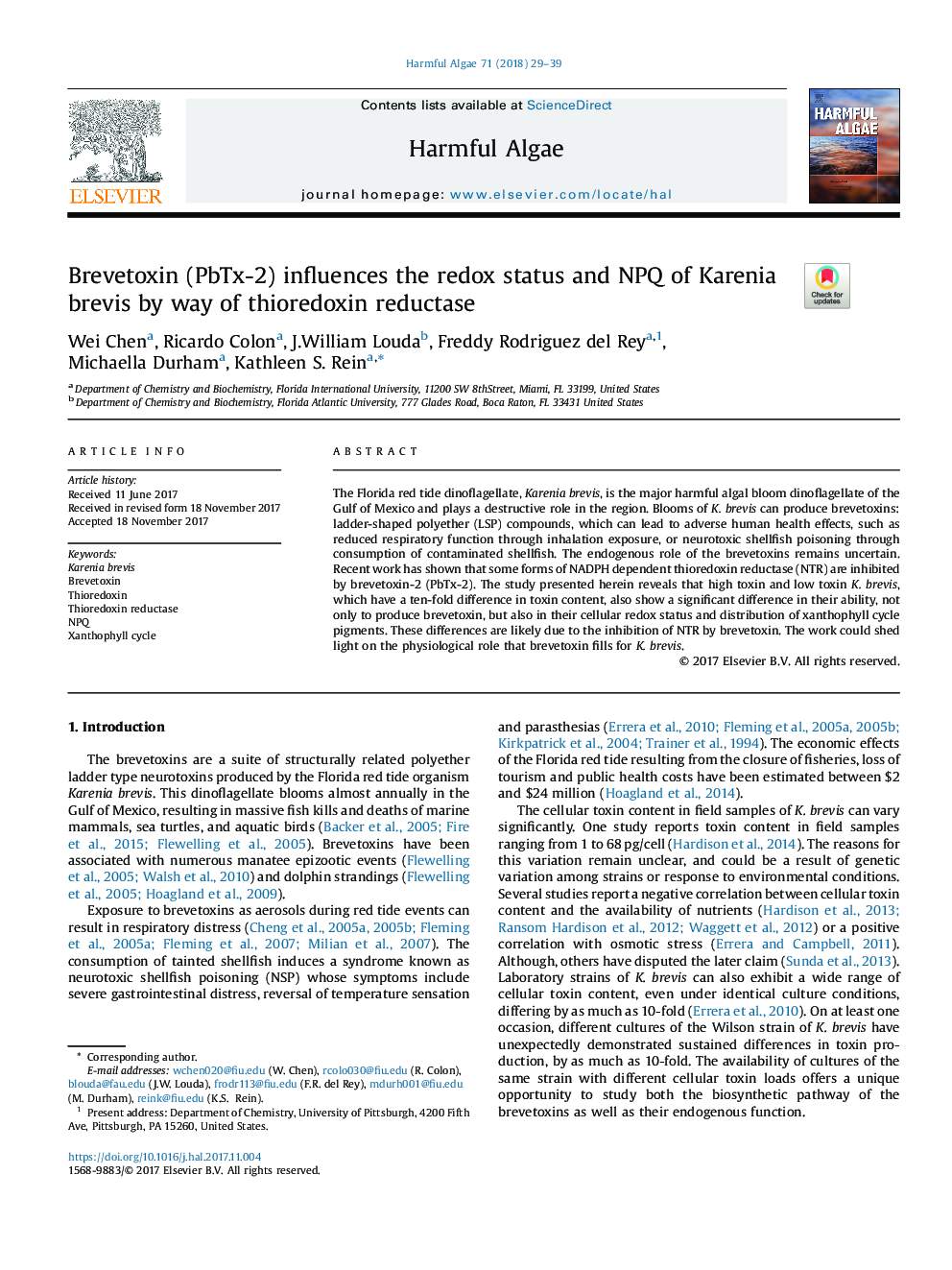 Brevetoxin (PbTx-2) influences the redox status and NPQ of Karenia brevis by way of thioredoxin reductase