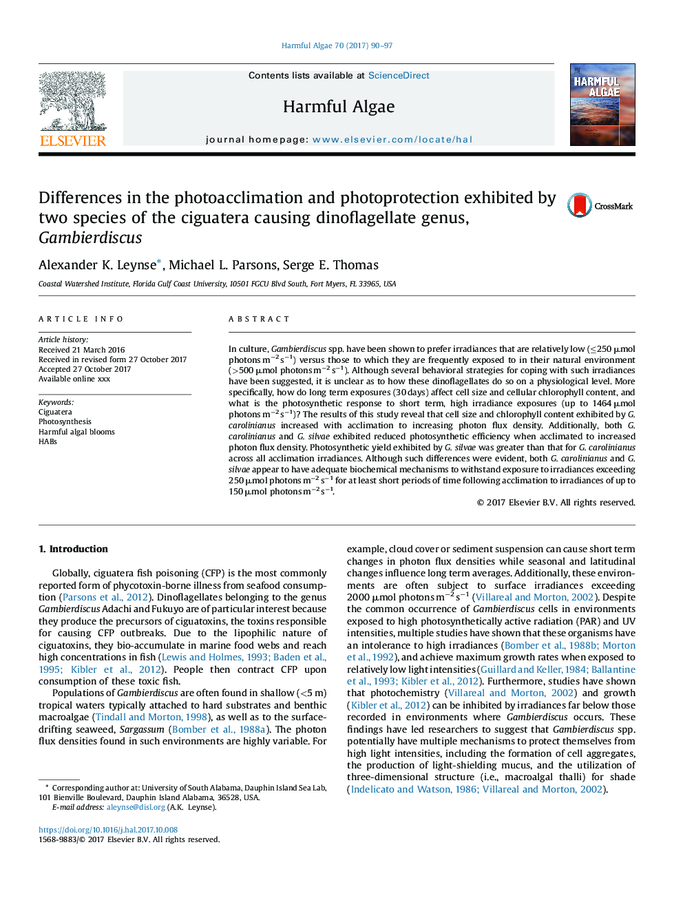 Differences in the photoacclimation and photoprotection exhibited by two species of the ciguatera causing dinoflagellate genus, Gambierdiscus