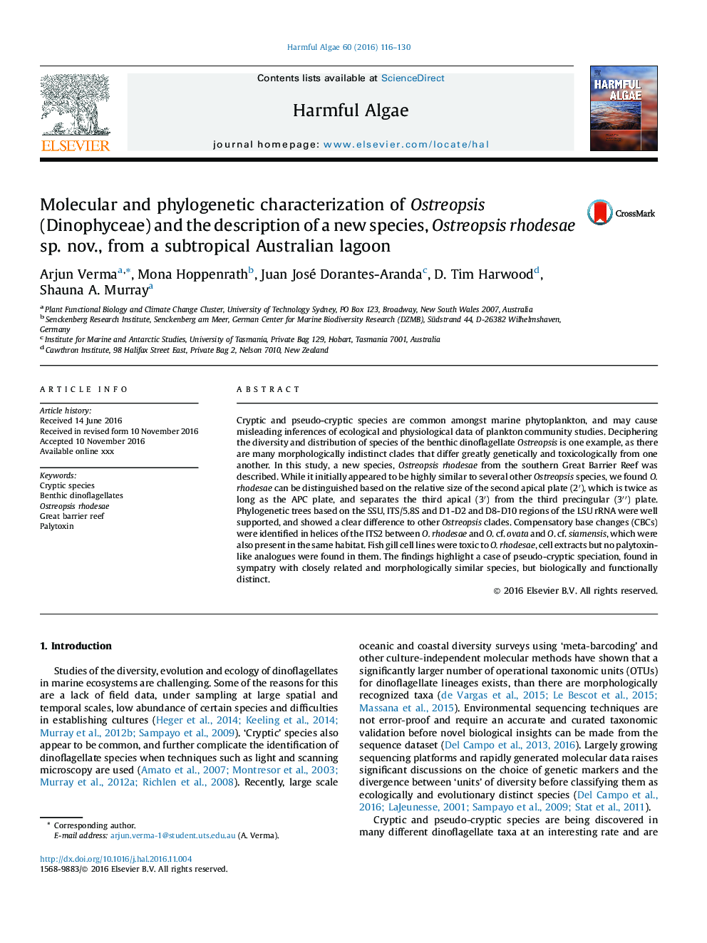 Molecular and phylogenetic characterization of Ostreopsis (Dinophyceae) and the description of a new species, Ostreopsis rhodesae sp. nov., from a subtropical Australian lagoon