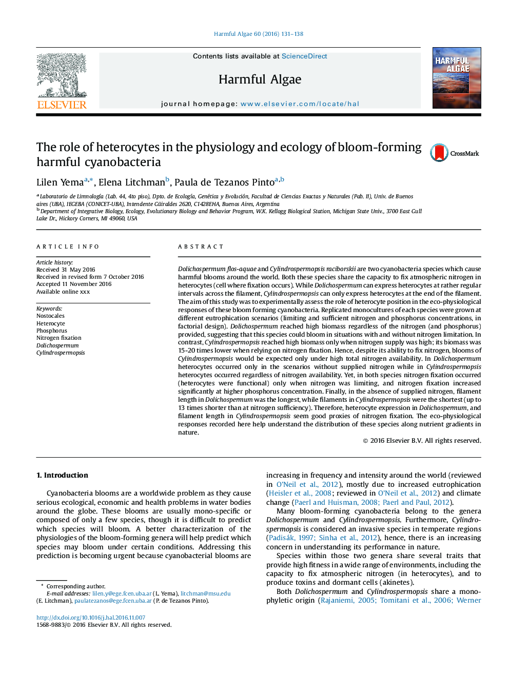 The role of heterocytes in the physiology and ecology of bloom-forming harmful cyanobacteria