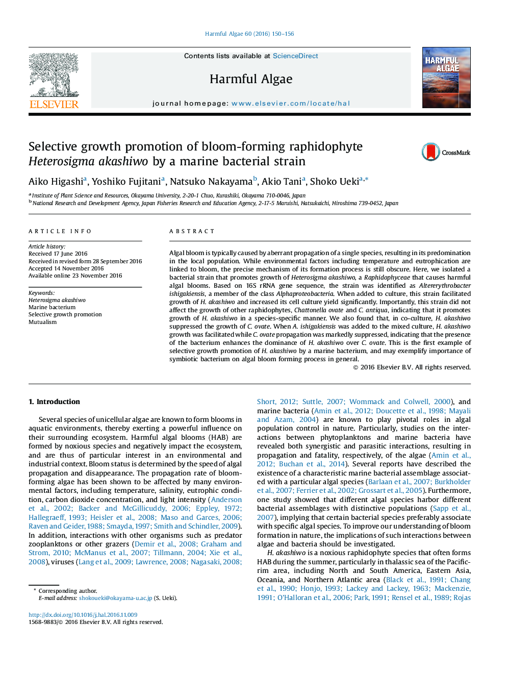 Selective growth promotion of bloom-forming raphidophyte Heterosigma akashiwo by a marine bacterial strain