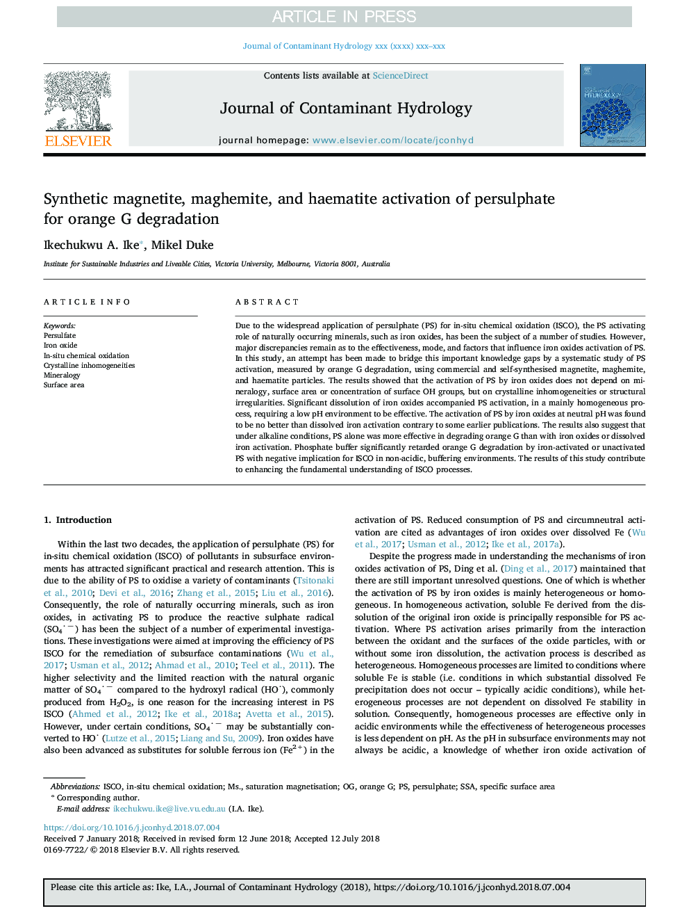 Synthetic magnetite, maghemite, and haematite activation of persulphate for orange G degradation