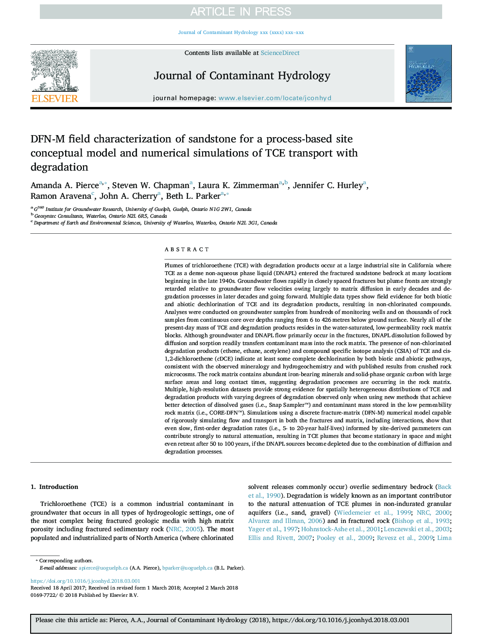 DFN-M field characterization of sandstone for a process-based site conceptual model and numerical simulations of TCE transport with degradation