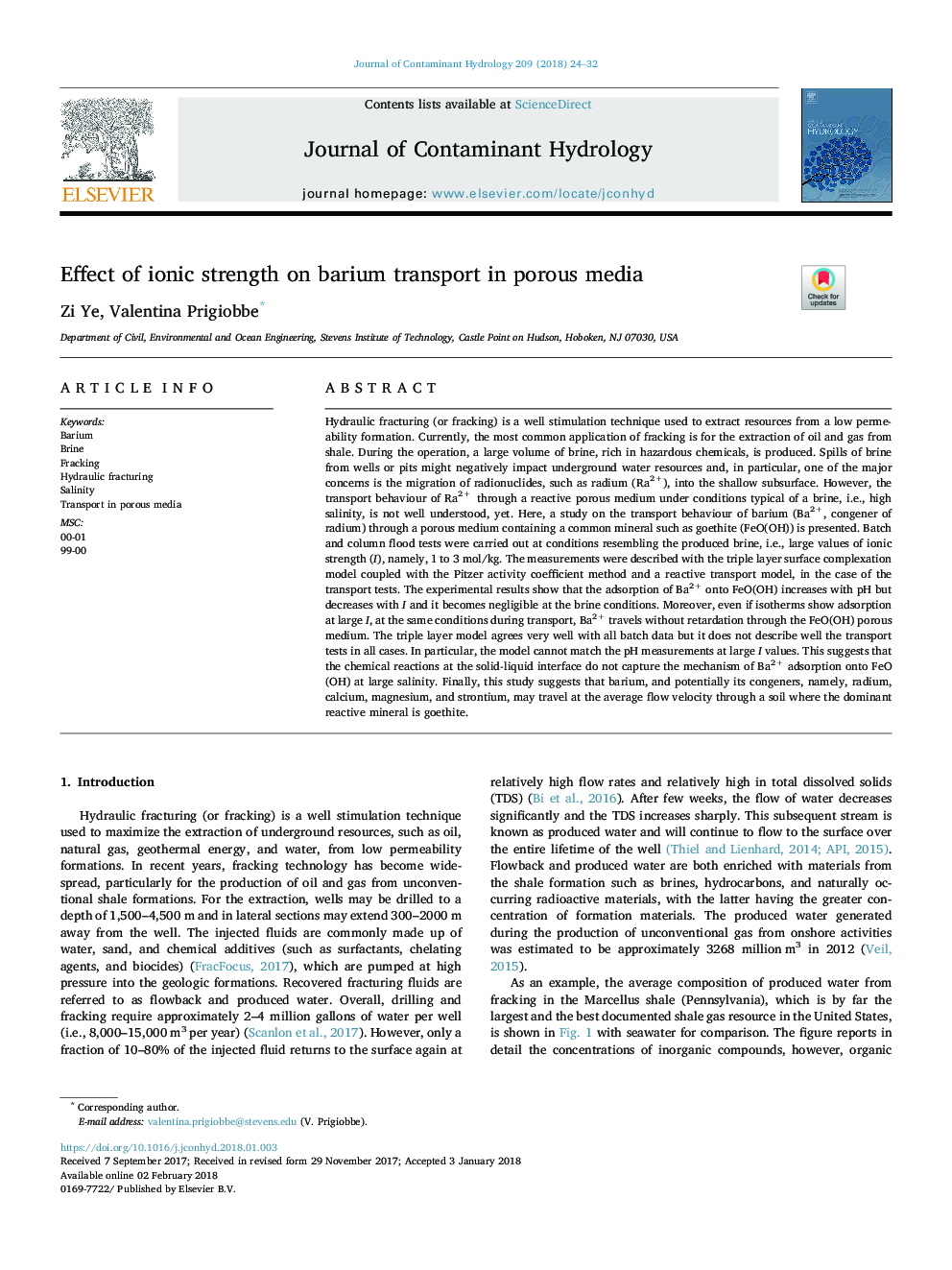Effect of ionic strength on barium transport in porous media