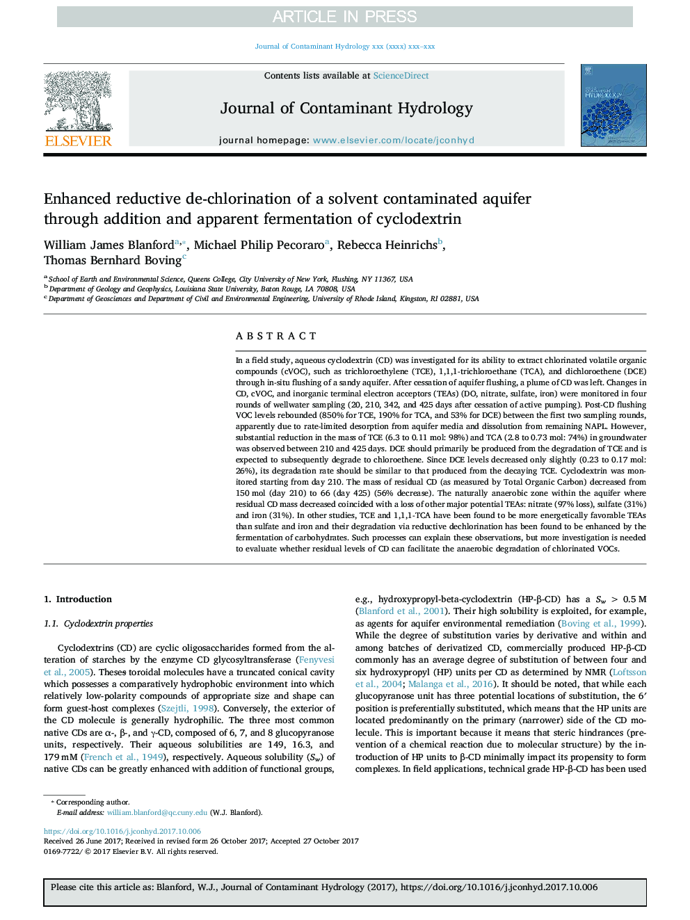 Enhanced reductive de-chlorination of a solvent contaminated aquifer through addition and apparent fermentation of cyclodextrin