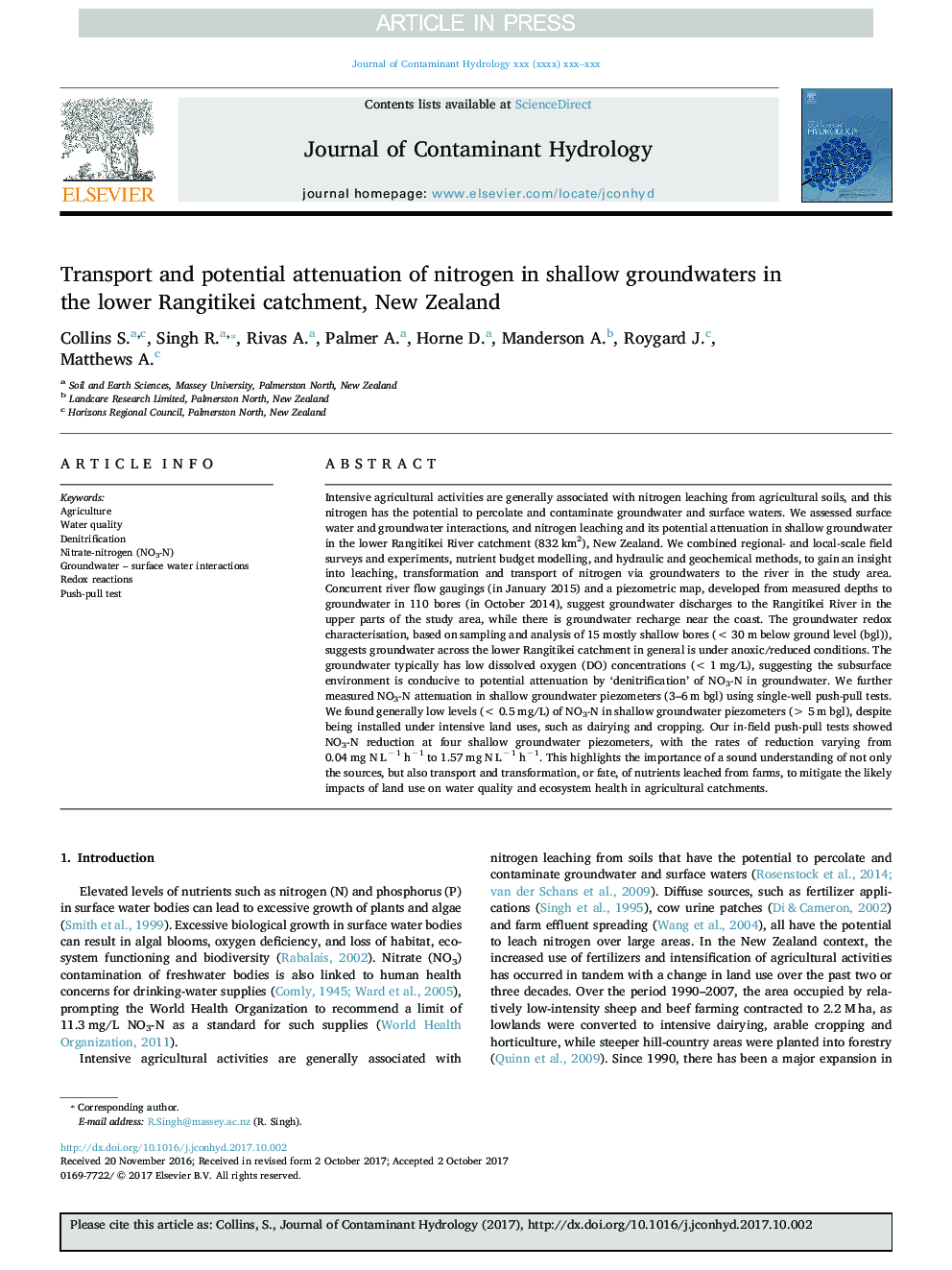 Transport and potential attenuation of nitrogen in shallow groundwaters in the lower Rangitikei catchment, New Zealand