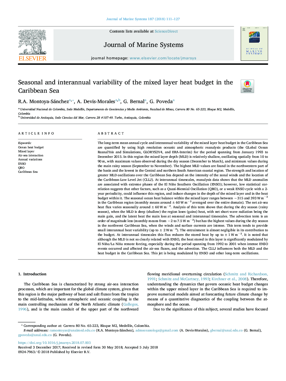 Seasonal and interannual variability of the mixed layer heat budget in the Caribbean Sea