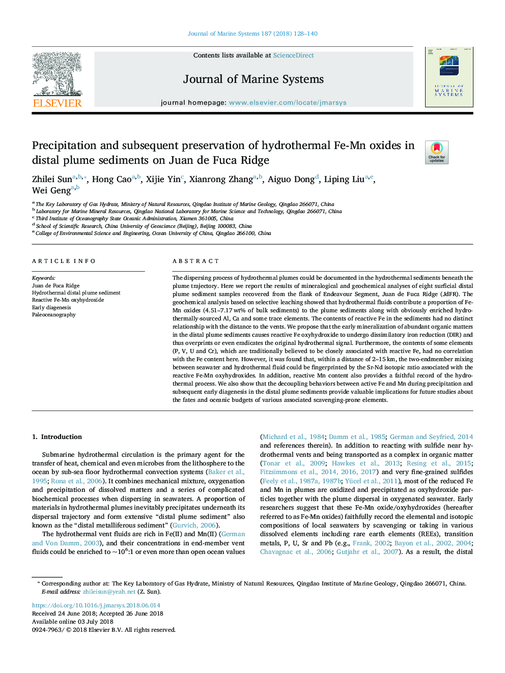 Precipitation and subsequent preservation of hydrothermal Fe-Mn oxides in distal plume sediments on Juan de Fuca Ridge