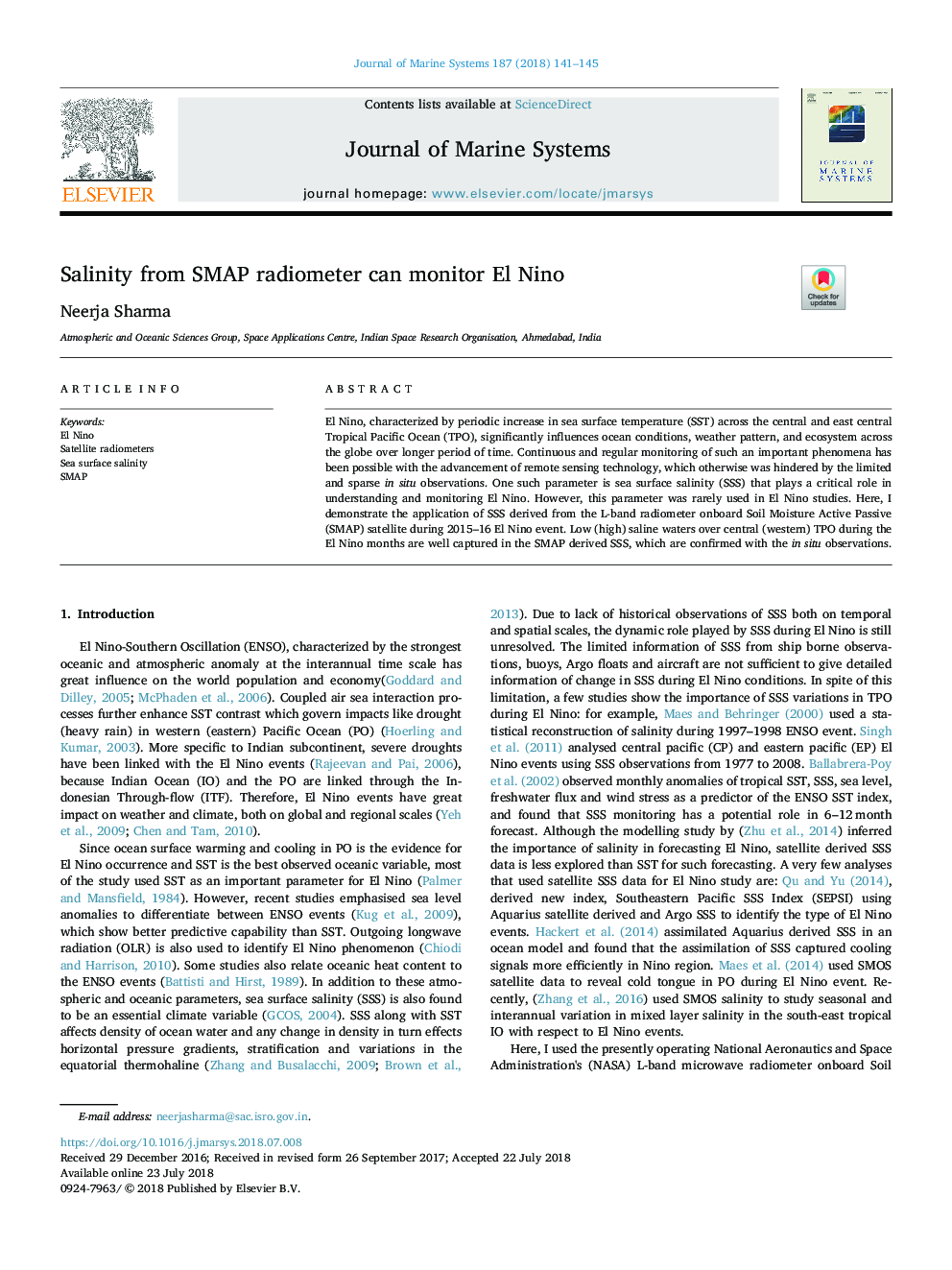 Salinity from SMAP radiometer can monitor El Nino