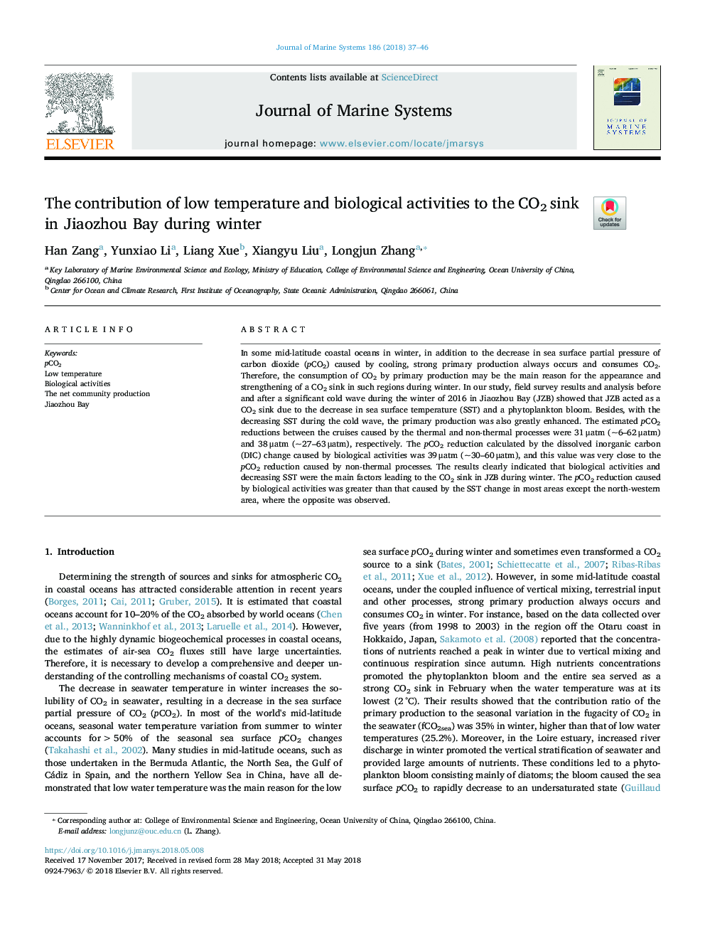 The contribution of low temperature and biological activities to the CO2 sink in Jiaozhou Bay during winter