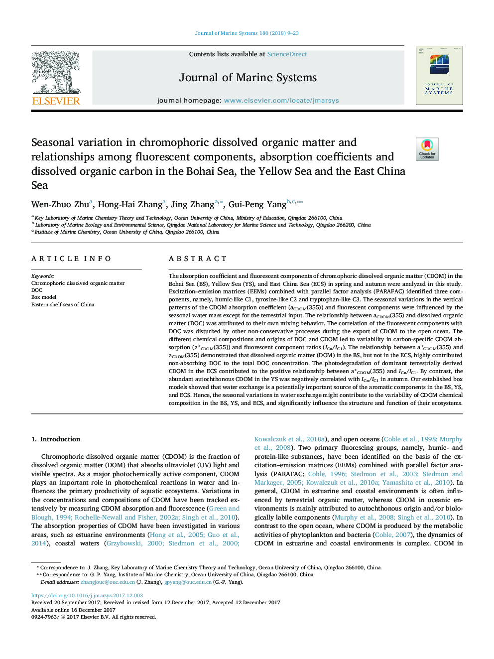 Seasonal variation in chromophoric dissolved organic matter and relationships among fluorescent components, absorption coefficients and dissolved organic carbon in the Bohai Sea, the Yellow Sea and the East China Sea