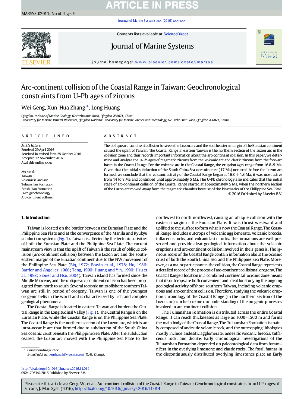 عکس صفحه اول مقاله: Arc-continent collision of the Coastal Range in Taiwan: Geochronological constraints from U-Pb ages of zircons Arc-continent collision of the Coastal Range in Taiwan: Geochronological constraints from U-Pb ages of zircons