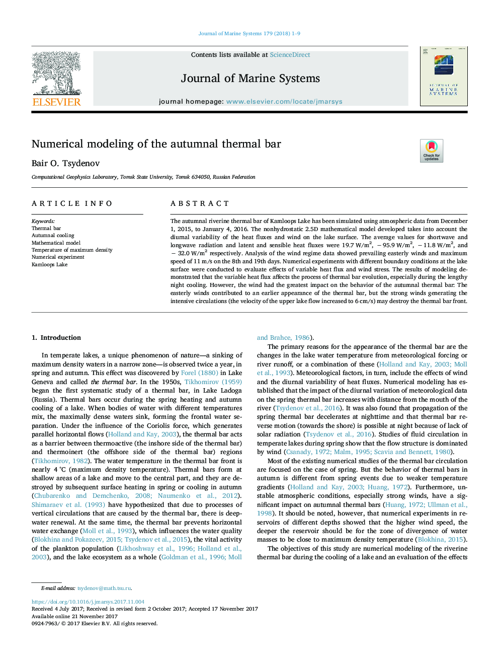 Numerical modeling of the autumnal thermal bar