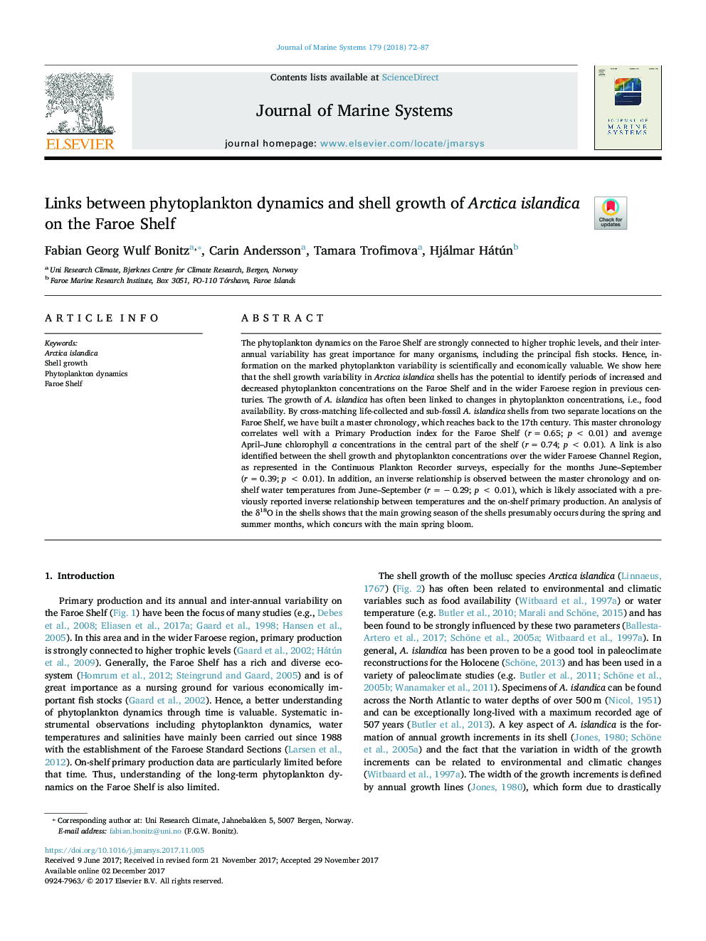 Links between phytoplankton dynamics and shell growth of Arctica islandica on the Faroe Shelf