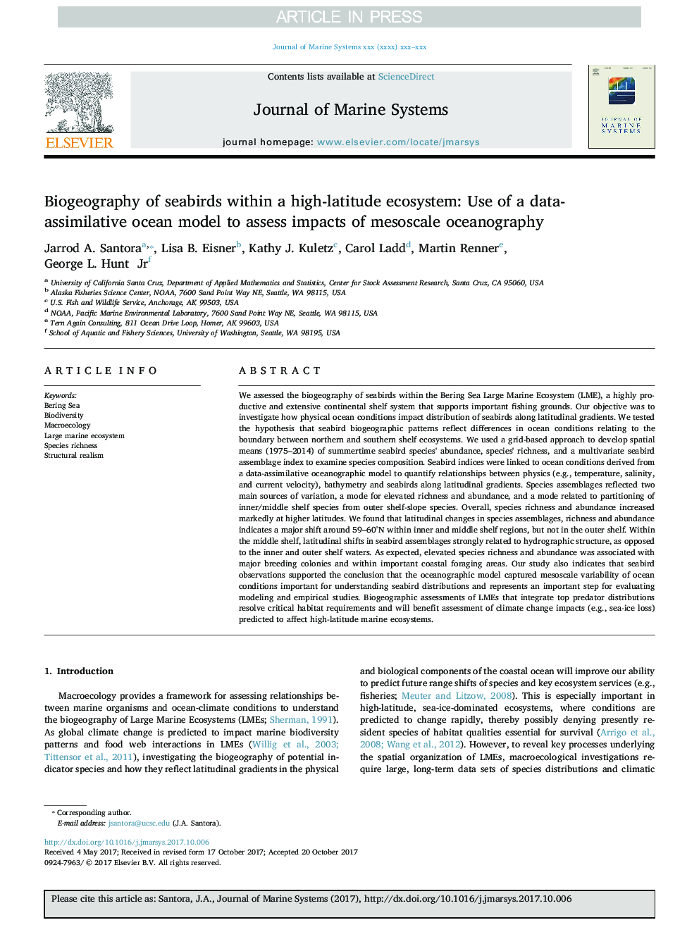 Biogeography of seabirds within a high-latitude ecosystem: Use of a data-assimilative ocean model to assess impacts of mesoscale oceanography