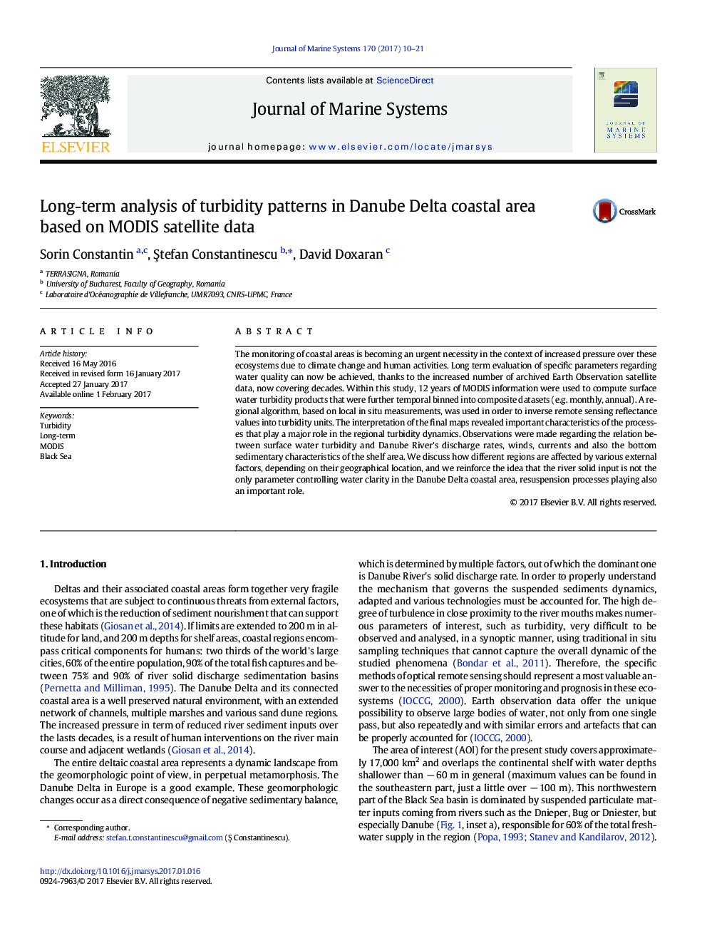 عکس صفحه اول مقاله: Long-term analysis of turbidity patterns in Danube Delta coastal area based on MODIS satellite data Long-term analysis of turbidity patterns in Danube Delta coastal area based on MODIS satellite data