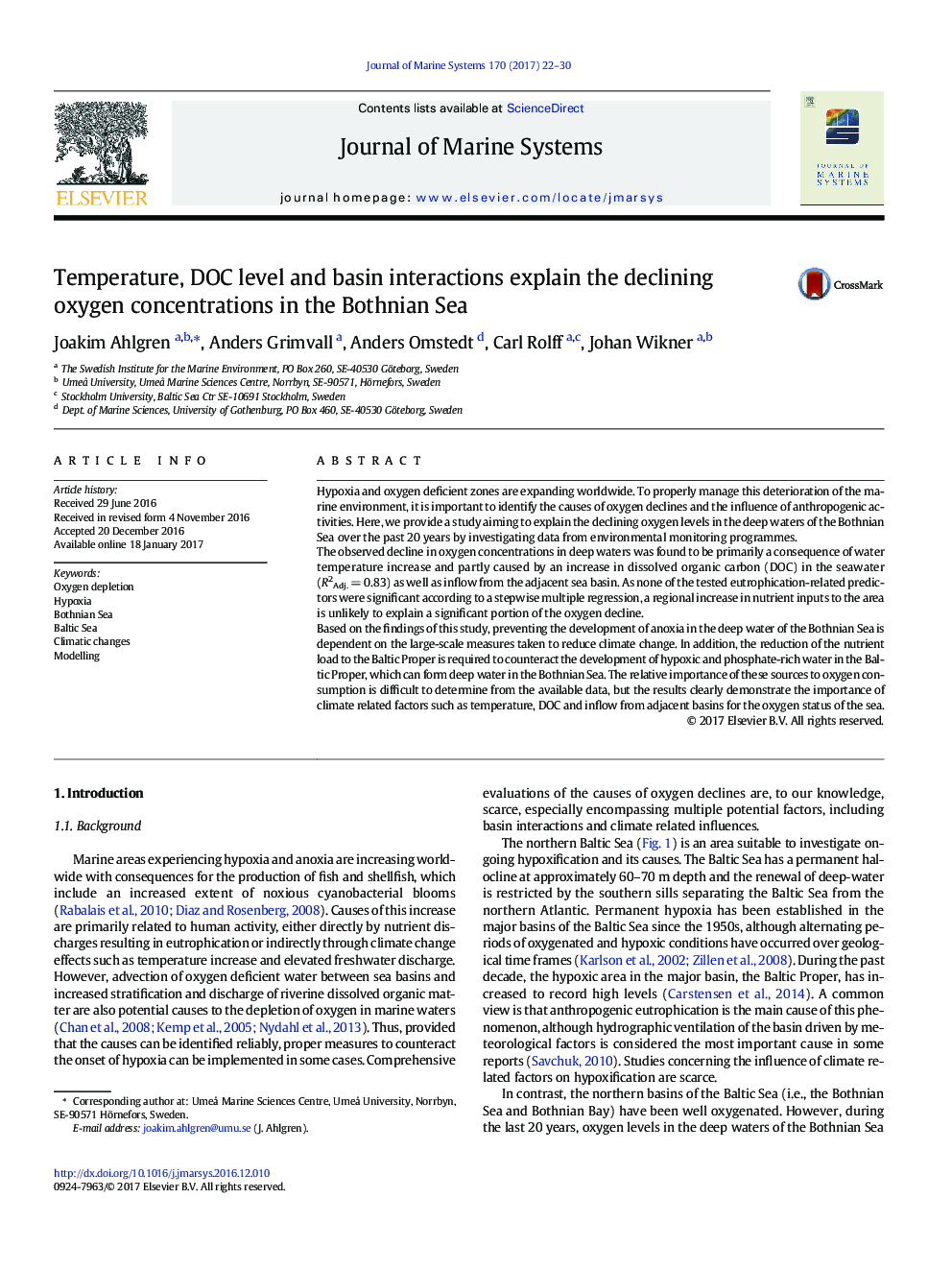 Temperature, DOC level and basin interactions explain the declining oxygen concentrations in the Bothnian Sea