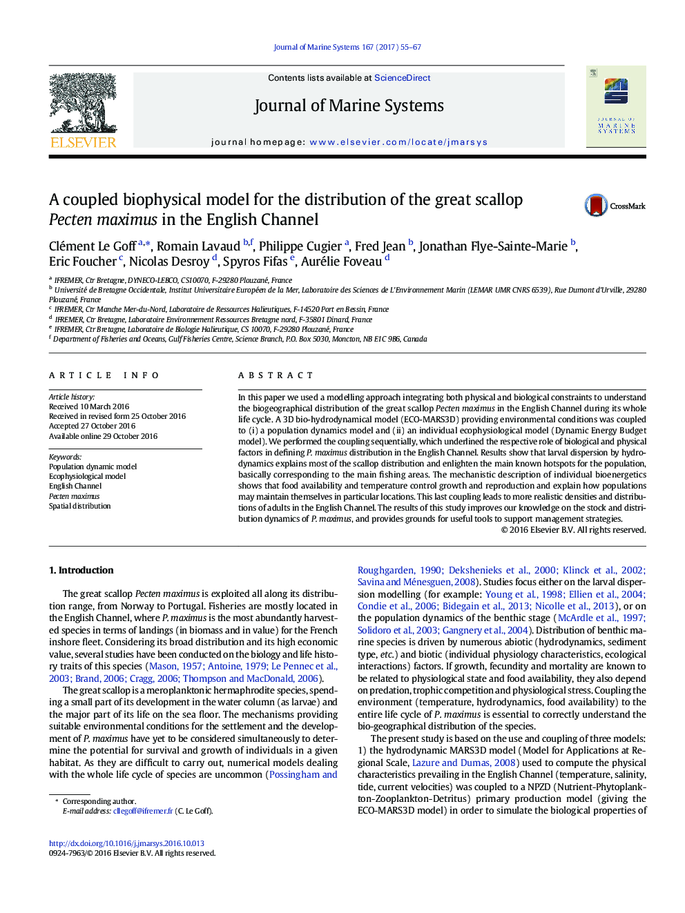 عکس صفحه اول مقاله: A coupled biophysical model for the distribution of the great scallop Pecten maximus in the English Channel A coupled biophysical model for the distribution of the great scallop Pecten maximus in the English Channel