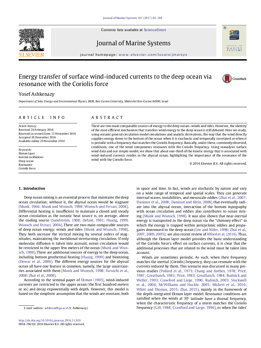 Energy transfer of surface wind-induced currents to the deep ocean via resonance with the Coriolis force