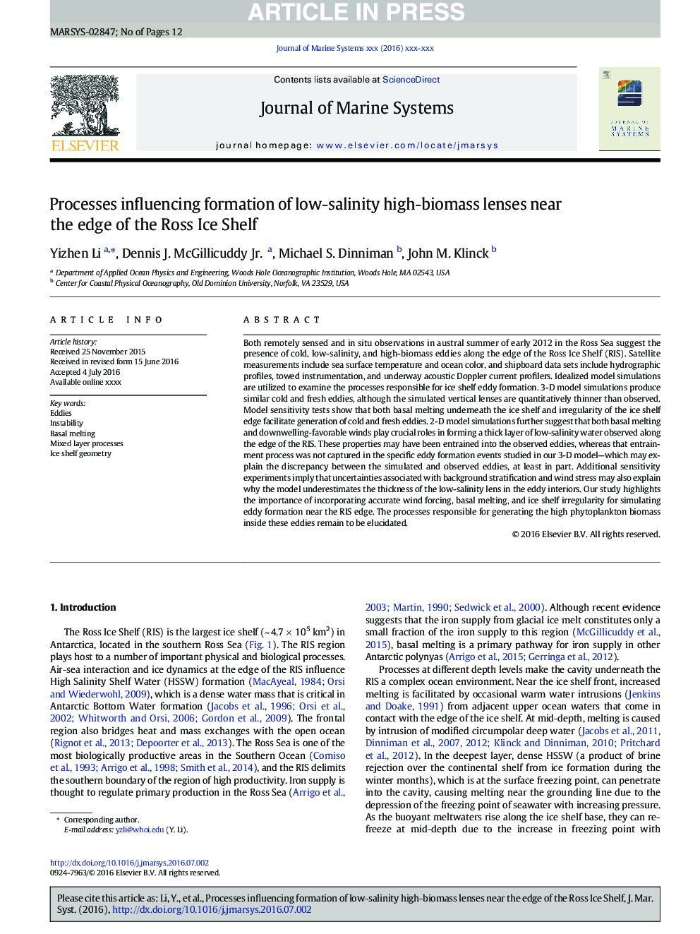 Processes influencing formation of low-salinity high-biomass lenses near the edge of the Ross Ice Shelf