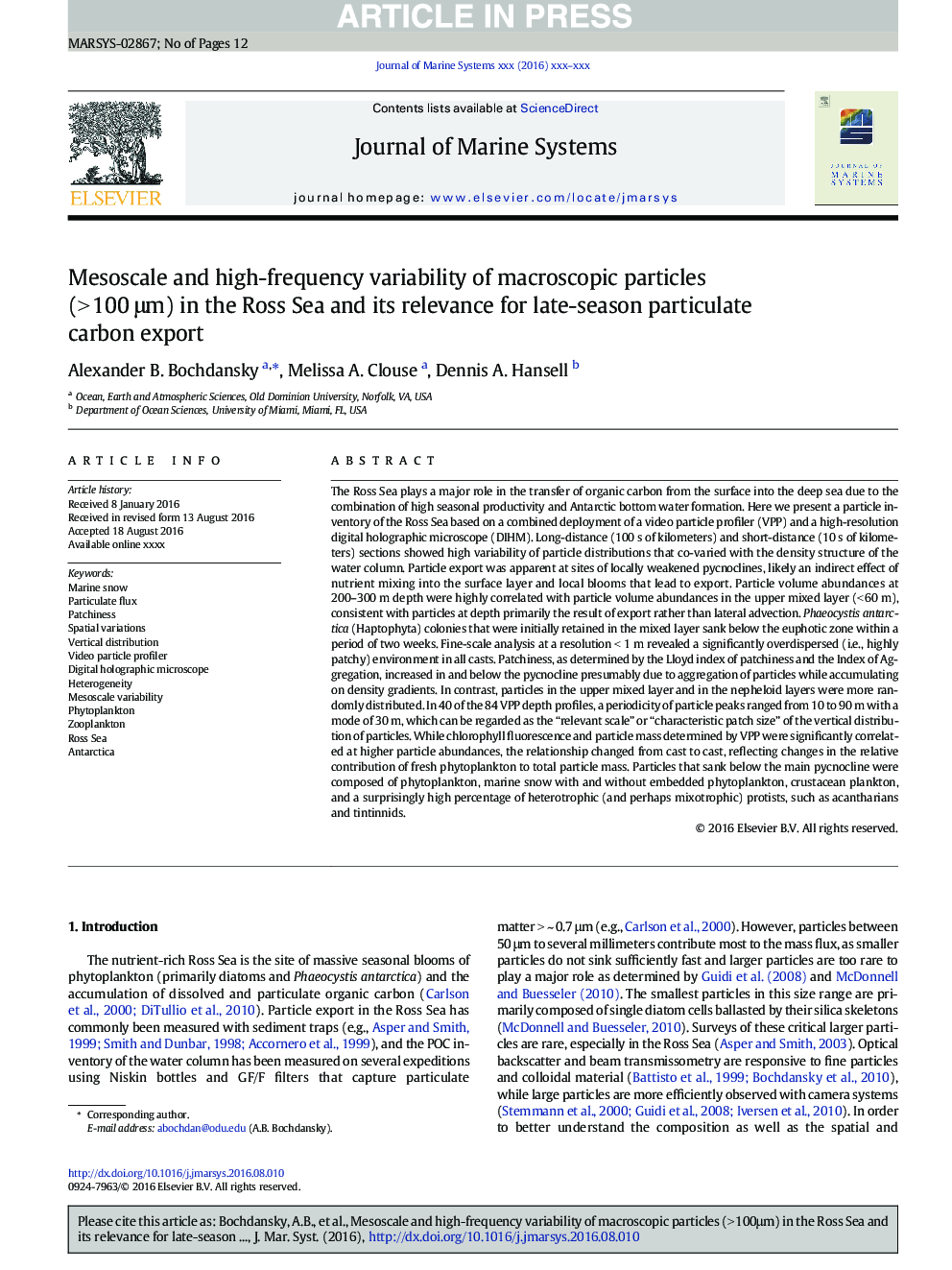 Mesoscale and high-frequency variability of macroscopic particles (>Â 100Â Î¼m) in the Ross Sea and its relevance for late-season particulate carbon export