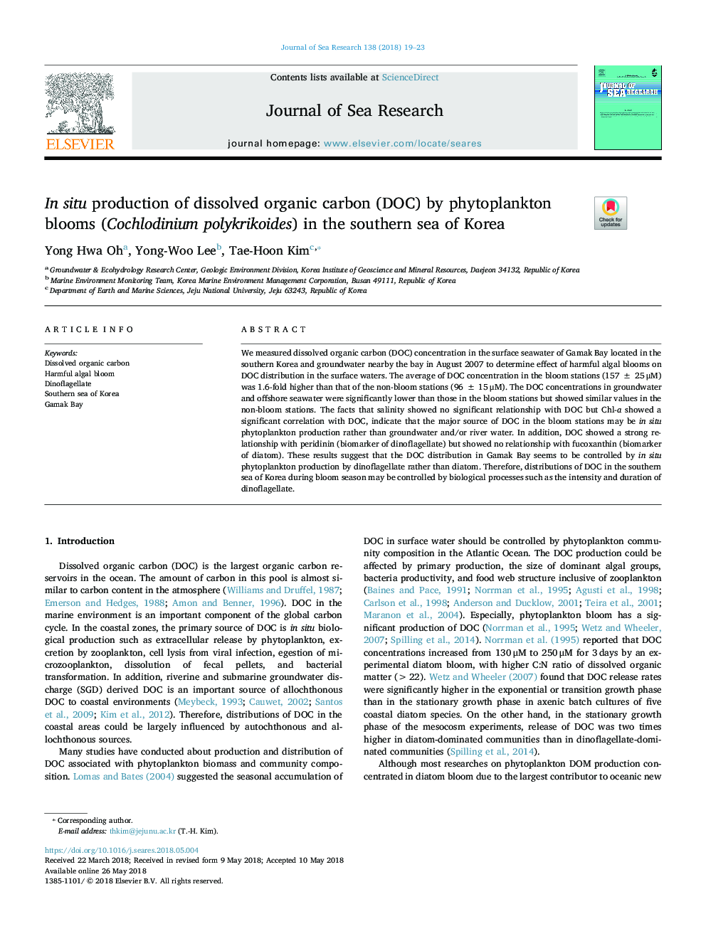 In situ production of dissolved organic carbon (DOC) by phytoplankton blooms (Cochlodinium polykrikoides) in the southern sea of Korea