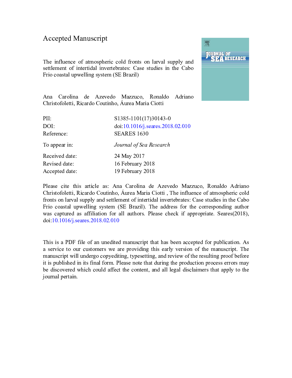 The influence of atmospheric cold fronts on larval supply and settlement of intertidal invertebrates: Case studies in the Cabo Frio coastal upwelling system (SE Brazil)