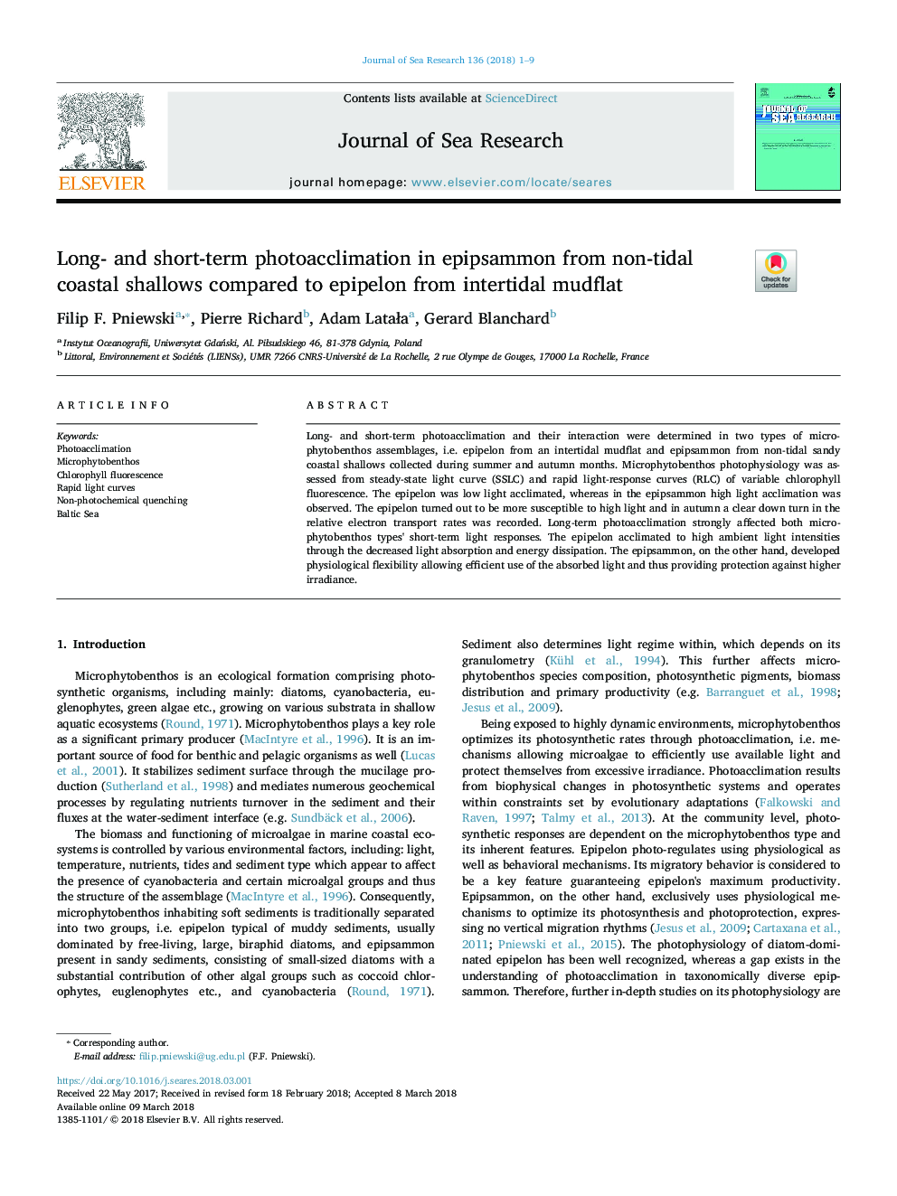 Long- and short-term photoacclimation in epipsammon from non-tidal coastal shallows compared to epipelon from intertidal mudflat