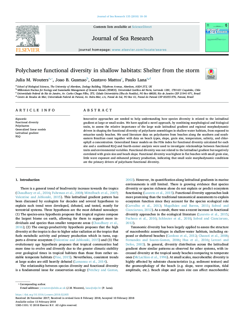 عکس صفحه اول مقاله: Polychaete functional diversity in shallow habitats: Shelter from the storm Polychaete functional diversity in shallow habitats: Shelter from the storm