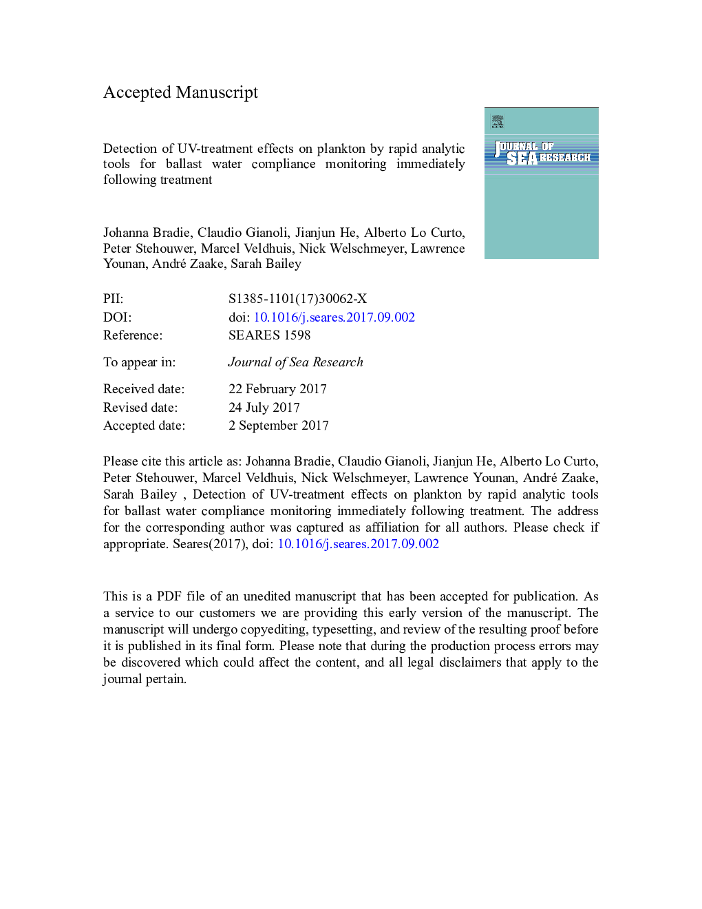 Detection of UV-treatment effects on plankton by rapid analytic tools for ballast water compliance monitoring immediately following treatment