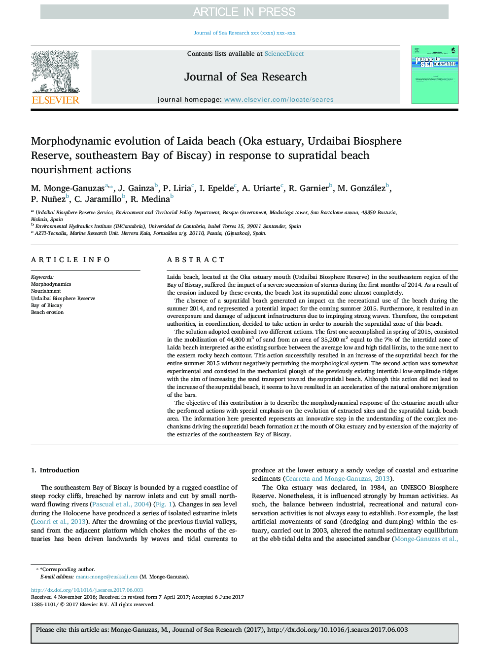 Morphodynamic evolution of Laida beach (Oka estuary, Urdaibai Biosphere Reserve, southeastern Bay of Biscay) in response to supratidal beach nourishment actions