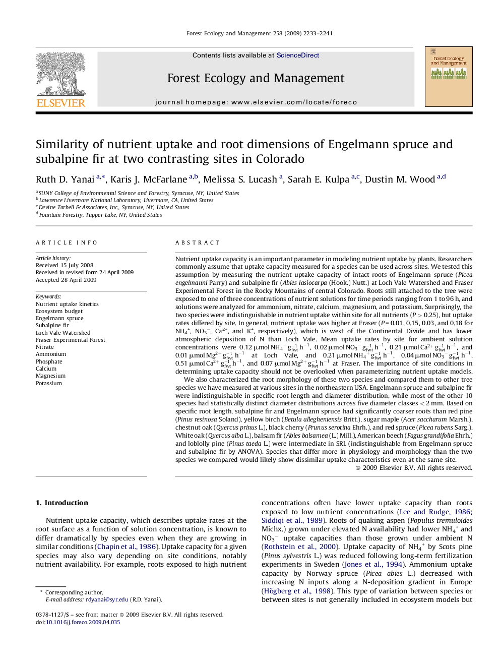 Similarity of nutrient uptake and root dimensions of Engelmann spruce and subalpine fir at two contrasting sites in Colorado