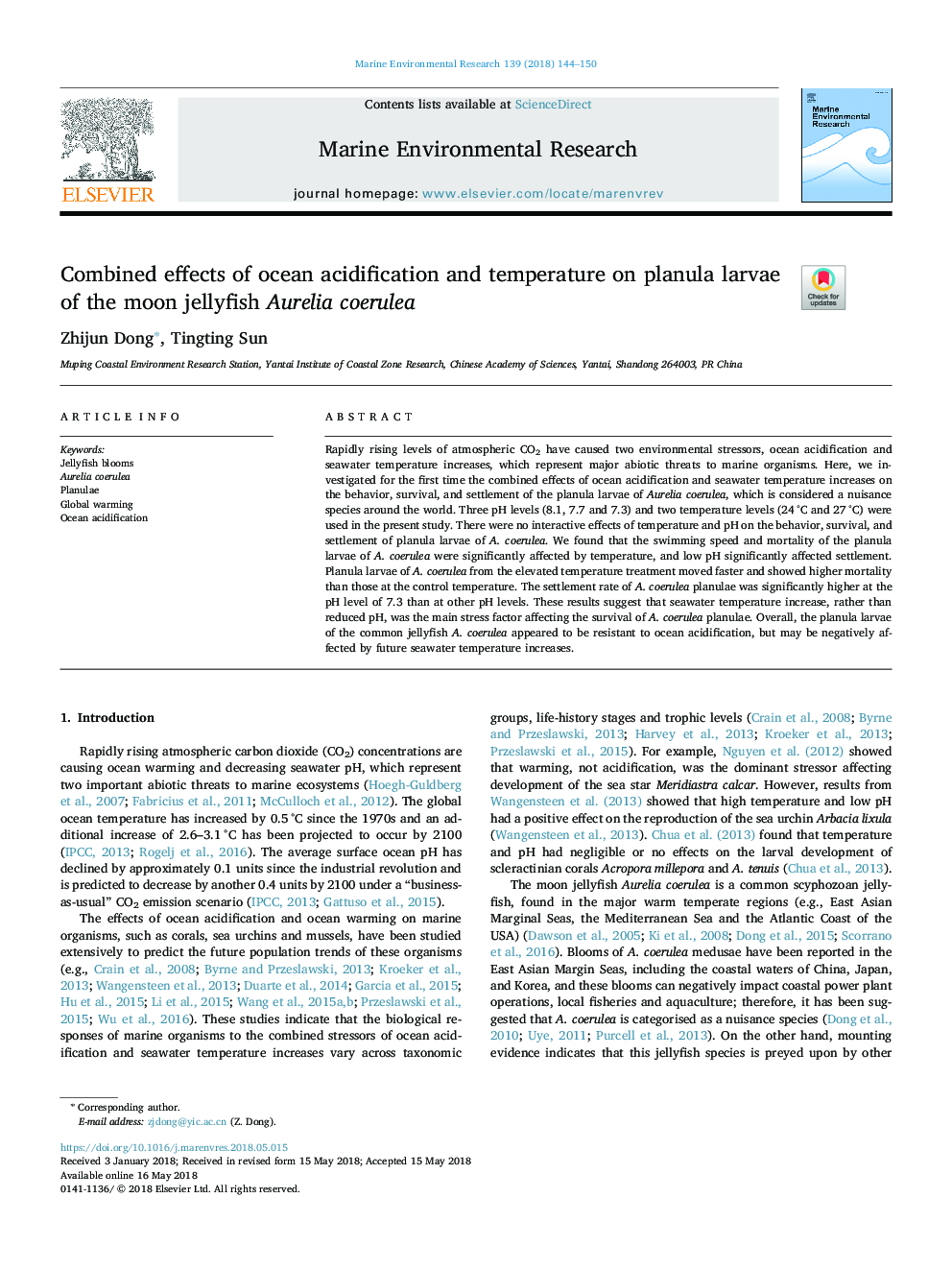 عکس صفحه اول مقاله: Combined effects of ocean acidification and temperature on planula larvae of the moon jellyfish Aurelia coerulea Combined effects of ocean acidification and temperature on planula larvae of the moon jellyfish Aurelia coerulea